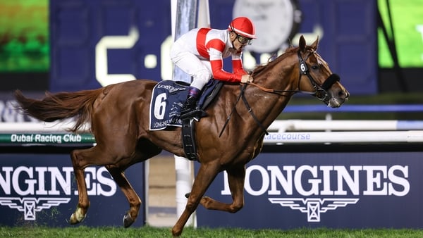 Keita Tosaki rides Danon Decile and competes in the Dubai World Cup horse race at Meydan Racecourse in Dubai, United Arab Emirates, on April 5, 2025. (Photo by Mohammad Amirhosseini/NurPhoto via Getty Images)