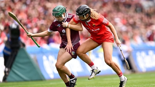 11 August 2024; Niamh Mallon of Galway in action against Laura Hynes of Cork during the Glen Dimplex Camogie All-Ireland Senior Camogie Championship final between Cork and Galway at Croke Park in Dublin. Photo by Piaras Ó Mídheach/Sportsfile