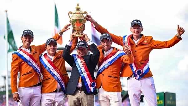 8 August 2025; The Netherlands team celebrate with the Aga Khan cup during Aga Khan Day at the Dublin Horse Show at the RDS Arena in Dublin. Photo by David Fitzgerald/Sportsfile