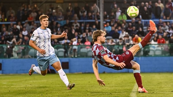 8 August 2025; Andrew Quinn of Drogheda United clears his lines as Tommy Lonergan of Waterford closes in during the SSE Airtricity Men's Premier Division match between Drogheda United and Waterford at Sullivan & Lambe Park in Drogheda, Louth. Photo by Pia