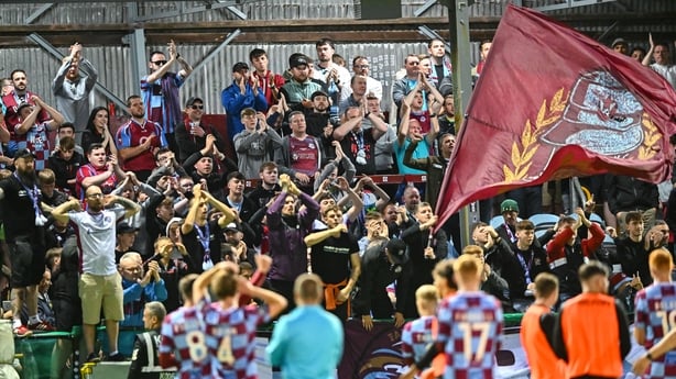 8 August 2025; Drogheda United supporters after the SSE Airtricity Men's Premier Division match between Drogheda United and Waterford at Sullivan & Lambe Park in Drogheda, Louth. Photo by Piaras Ó Mídheach/Sportsfile