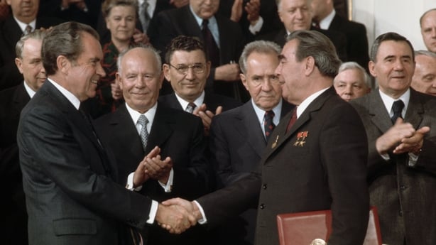 President Richard Nixon shakes hands with Leonid Brezhnev after the signing of the SALT treaty in 1972