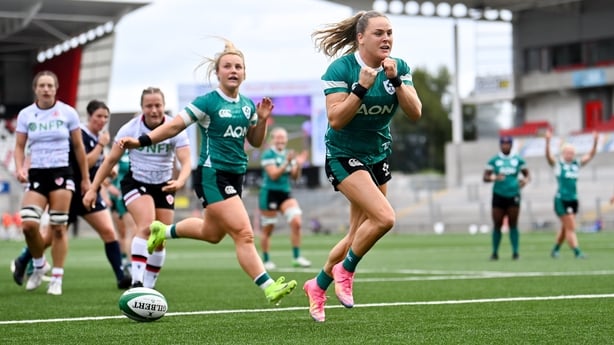9 August 2025; Beibhinn Parsons of Ireland celebrates after scoring her side's first try during the Women's Rugby World Cup warm-up match between Ireland and Canada at Affidea Stadium in Belfast. Photo by Ramsey Cardy/Sportsfile