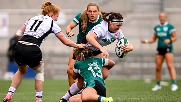 9 August 2025; DaLeaka Menin of Canada is tackled by Aoife Dalton of Ireland during the Women's Rugby World Cup warm-up match between Ireland and Canada at Affidea Stadium in Belfast. Photo by Ramsey Cardy/Sportsfile