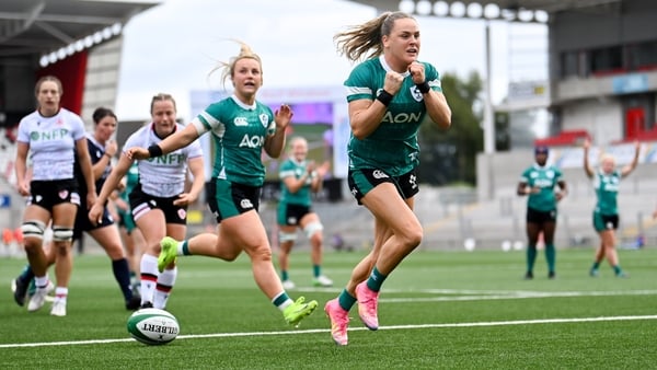 9 August 2025; Beibhinn Parsons of Ireland celebrates after scoring her side's first try during the Women's Rugby World Cup warm-up match between Ireland and Canada at Affidea Stadium in Belfast. Photo by Ramsey Cardy/Sportsfile