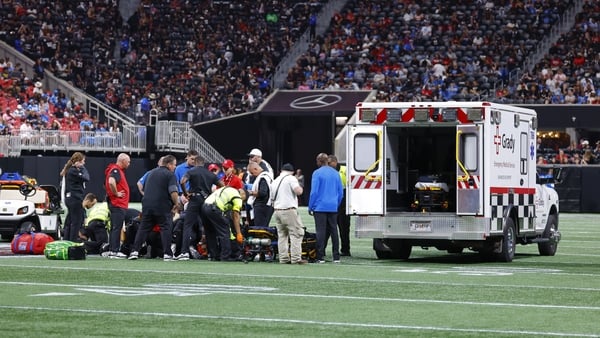 ATLANTA, GEORGIA - AUGUST 8: Morice Norris #26 of the Detroit Lions is tended to by medical staff during the fourth quarter of the NFL Preseason 2025 game between Detroit Lions and Atlanta Falcons at Mercedes-Benz Stadium on August 8, 2025 in Atlanta, Geo