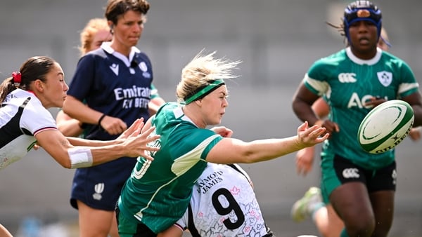 9 August 2025; Sam Monaghan of Ireland is tackled by Justine Pelletier of Canada during the Women's Rugby World Cup warm-up match between Ireland and Canada at Affidea Stadium in Belfast. Photo by Ramsey Cardy/Sportsfile