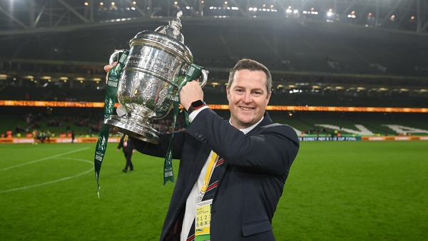 12 November 2023; St Patrick's Athletic manager Jon Daly with the cup after the Sports Direct FAI Cup Final between Bohemians and St Patrick's Athletic at the Aviva Stadium in Dublin. Photo by Stephen McCarthy/Sportsfile