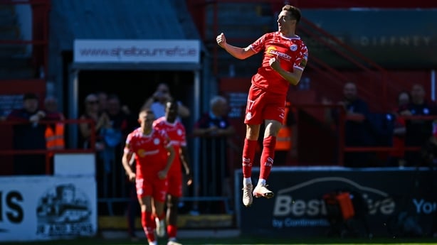 9 August 2025; Daniel Kelly of Shelbourne celebrates after scoring his side's first goal during the SSE Airtricity Men's Premier Division match between Shelbourne and Bohemians at Tolka Park in Dublin. Photo by Tyler Miller/Sportsfile