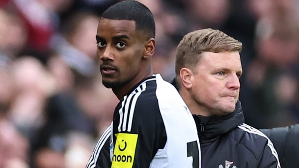 NEWCASTLE UPON TYNE, ENGLAND - FEBRUARY 23: Alexander Isak of Newcastle United with Eddie Howe the head coach / manager of Newcastle United during the Premier League match between Newcastle United FC and Nottingham Forest FC at St James' Park on February