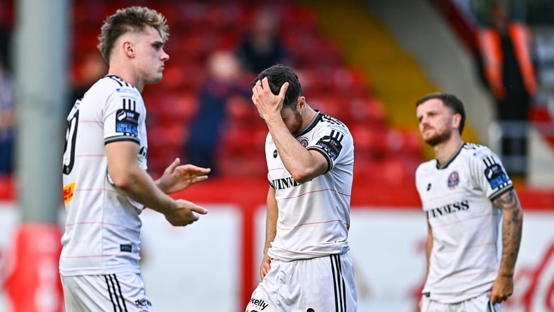 Bohemians players react after conceding a late equaliser at Tolka Park
