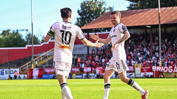 9 August 2025; Dawson Devoy of Bohemians, left, celebrates with team-mate Adam McDonnell after scoring their side's second half during the SSE Airtricity Men's Premier Division match between Shelbourne and Bohemians at Tolka Park in Dublin. Photo by Piaras Ó Mídheach/Sportsfile