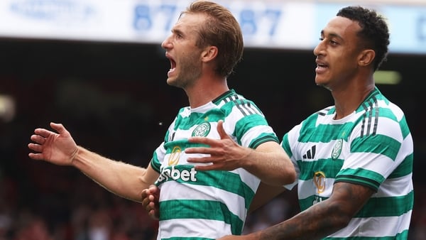 ABERDEEN, SCOTLAND - AUGUST 10: Benjamin Nygren celebrates with Adam Idah after scoring to make it 1-0 during a William Hill Premiership match between Aberdeen and Celtic at Pittodrie, on August 10, 2025, in Aberdeen, Scotland. (Photo by Craig Williamson/