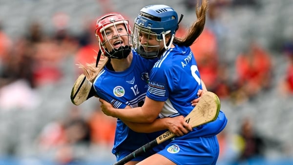 10 August 2025; Kaylee O’Keefe, left, and Alanna Tynan of Laois celebrate at the final whistle of the Glen Dimplex All-Ireland Premier Junior Camogie Championship final match between Armagh and Laois at Croke Park in Dublin. Photo by Ramsey Cardy/Sportsfi