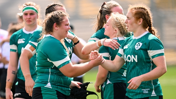 9 August 2025; Ellena Perry, left, and Niamh O'Dowd of Ireland after the Women's Rugby World Cup warm-up match between Ireland and Canada at Affidea Stadium in Belfast. Photo by Ramsey Cardy/Sportsfile