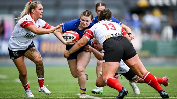 10 August 2025; Emma Brogan of Leinster in action against Ulster players Paige Smyth, left, and Siobhan Sheerin during the Vodafone Women’s Interprovincial Championship Round 1 match between Leinster and Ulster at Energia Park in Dublin. Photo by Shauna C