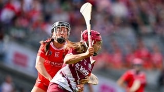 10 August 2025; Ciara Hickey of Galway in action against Amy O’Connor of Cork during the Glen Dimplex All-Ireland Senior Camogie Championship final match between Cork and Galway at Croke Park in Dublin. Photo by Ramsey Cardy/Sportsfile
