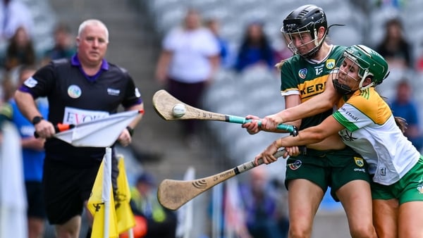 10 August 2025; Ann-Marie Leen of Kerry in action against Megan King of Offaly during the Glen Dimplex All-Ireland Intermediate Camogie Championship final match between Offaly and Kerry at Croke Park in Dublin. Photo by Piaras Ó Mídheach/Sportsfile