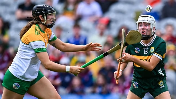 10 August 2025; Amy O'Sullivan of Kerry in action against Amy Byrne of Offaly during the Glen Dimplex All-Ireland Intermediate Camogie Championship final match between Offaly and Kerry at Croke Park in Dublin. Photo by Piaras Ó Mídheach/Sportsfile