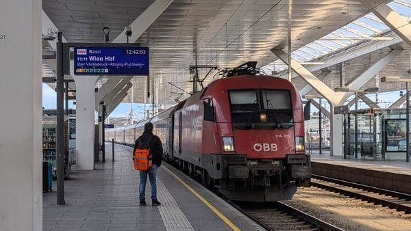 An OBB Railjet train is at Salzburg Central Station in Salzburg, Austria
