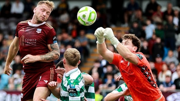 10 August 2025; Shamrock Rovers goalkeeper Ed McGinty makes a save during the SSE Airtricity Men's Premier Division match between Galway United and Shamrock Rovers at Eamonn Deacy Park in Galway. Photo by Thomas Flinkow/Sportsfile