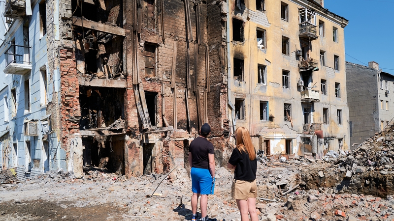 Destroyed residential buildings bombed by Russian forces in Kramatorsk, Ukraine
