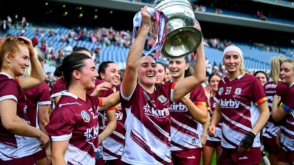10 August 2025; Ailish O’Reilly of Galway celebrates with the O'Duffy Cup after victory in the Glen Dimplex All-Ireland Senior Camogie Championship final match between Cork and Galway at Croke Park in Dublin. Photo by Piaras Ó Mídheach/Sportsfile