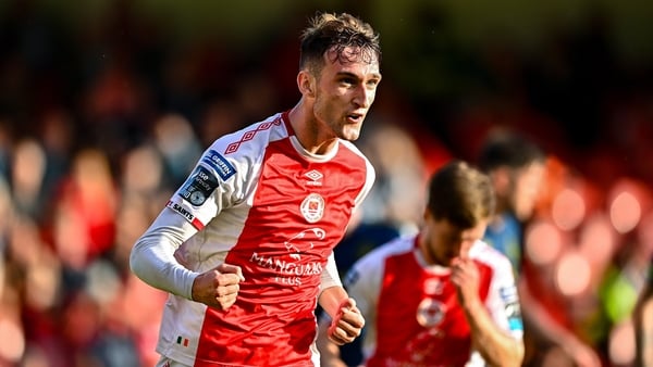 10 August 2025; Mason Melia of St Patrick's Athletic celebrates after scoring his side's second goal during the SSE Airtricity Men's Premier Division match between St Patrick's Athletic and Sligo Rovers at Richmond Park in Dublin. Photo by Tyler Miller/Sp