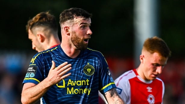 10 August 2025; Patrick McClean of Sligo Rovers reacts after being shown a red card by referee Damien MacGraith after a challenge on Mason Melia of St Patrick's Athletic, not pictured, during the SSE Airtricity Men's Premier Division match between St Patrick's Athletic and Sligo Rovers at Richmond P