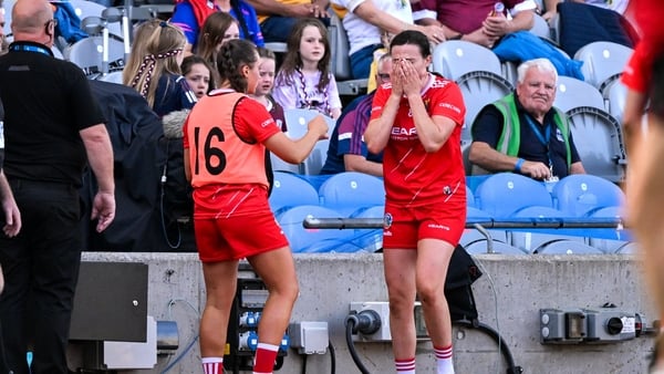 10 August 2025; Hannah Looney of Cork reacts after being shown a red card during the Glen Dimplex All-Ireland Senior Camogie Championship final match between Cork and Galway at Croke Park in Dublin. Photo by Ramsey Cardy/Sportsfile