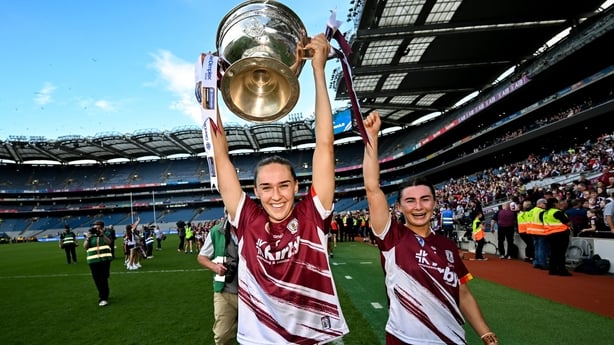10 August 2025; Carrie Dolan, left, and Aoife Donohue of Galway with The O'Duffy Cup after the Glen Dimplex All-Ireland Senior Camogie Championship final match between Cork and Galway at Croke Park in Dublin. Photo by Ramsey Cardy/Sportsfile