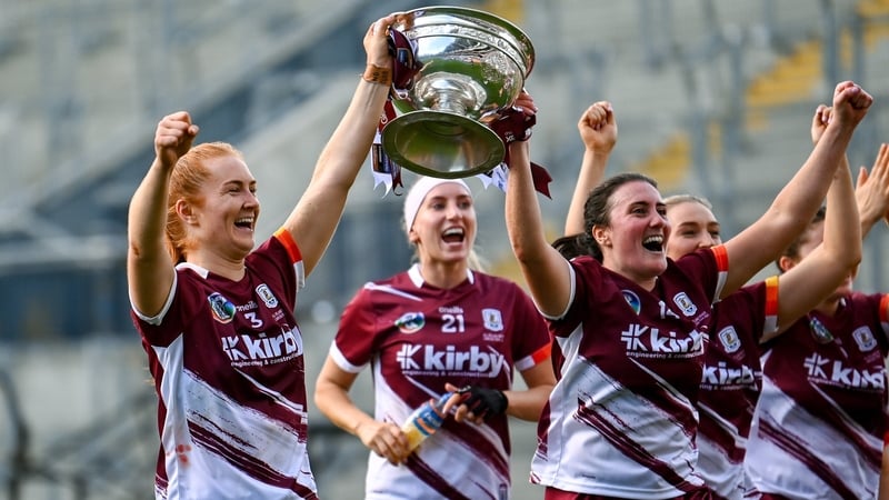 Roisin Black (l) and Ailish O'Reilly of Galway celebrate