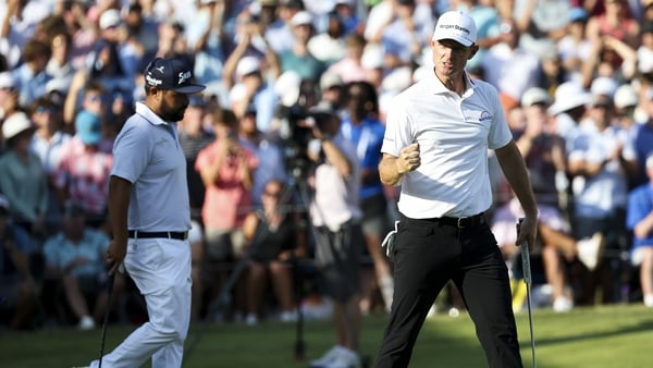 MEMPHIS, TENNESSEE - AUGUST 10: Justin Rose of England reacts after making a birdie on the 18th hole during a playoff against J.J. Spaun during the final round of the FedEx St. Jude Championship 2025 at TPC Southwind on August 10, 2025 in Memphis, Tenness