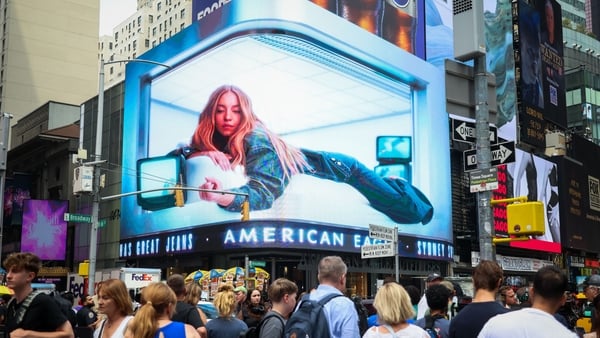 An American Eagle advertisement featuring actress Sydney Sweeney on a billboard in Times Square in New York