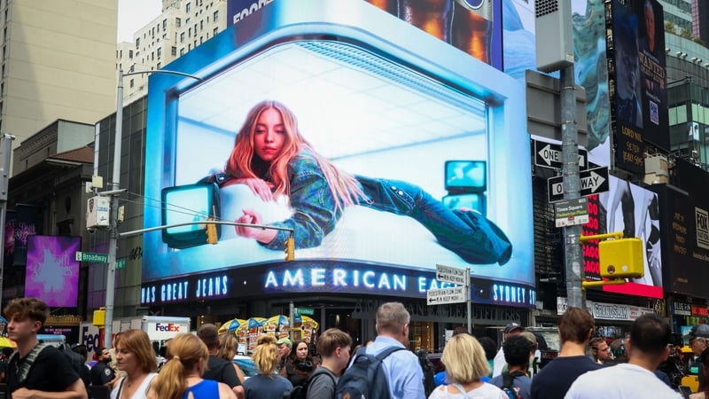 An American Eagle ad featuring actress Sydney Sweeney on a billboard in Times Square in New York. Photo: Michael Nagle/Bloomberg via Getty Images