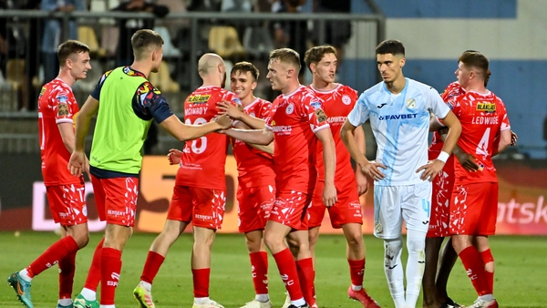 6 August 2025; Shelbourne players celebrate after their victory in the UEFA Europa League third qualifying round first leg match between Rijeka and Shelbourne at HNK Rijeka Stadium Rujevica in Rijeka, Croatia. Photo by Igor Kupjlenik/Sportsfile