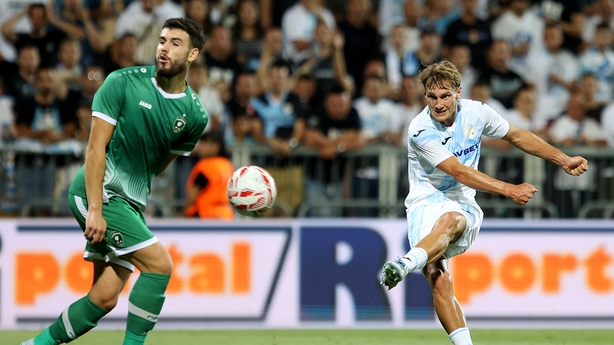 RIJEKA, CROATIA - JULY 22: Toni Fruk of HNK Rijeka shoots at goal during the UEFA Champions League Second Qualifying Round First Leg match between Rijeka and Ludogorets at Stadion HNK Rijeka on July 22, 2025 in Rijeka, Croatia. (Photo by Nel Pavletic/Pixsell/MB Media/Getty Images)