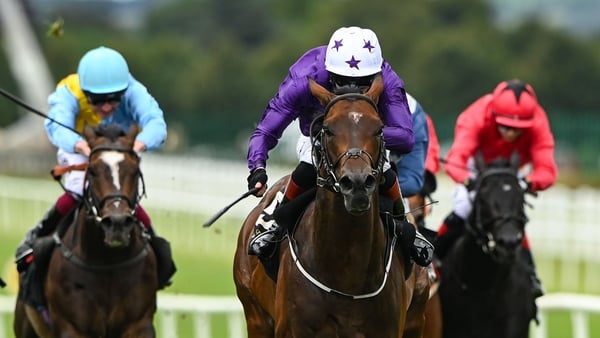Kildare , Ireland - 19 July 2025; Arizona Blaze, with David Egan up, on their way to winning the Barberstown Castle Sapphire Stakes during day one of the Juddmonte Irish Oaks Weekend at The Curragh Racecourse in Kildare. (Photo By Matt Browne/Sportsfile v