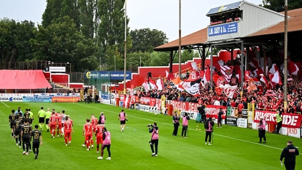 A general view of Tolka Park and the Riverside Terrace as the teams walk out for the UEFA Champions League Second Qualifying Round first leg match between Shelbourne and Qarabag FK