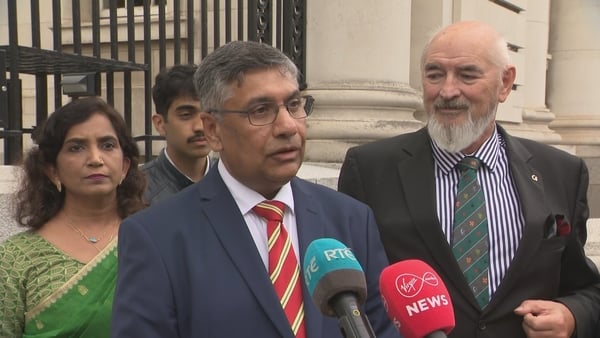 Prashant Shuki, Chairman of Ireland India Council, speaks to the media outside Government Buildings after a meeting with the Tanaisate