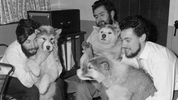 UK scientists with husky dogs in Antarctic
