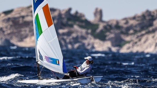 3 August 2024; Eve McMahon of Team Ireland in action during the women's dinghy series race at Marseille Marina during the 2024 Paris Summer Olympic Games in Paris, France. Photo by Johnny Fidelin/Sportsfile
