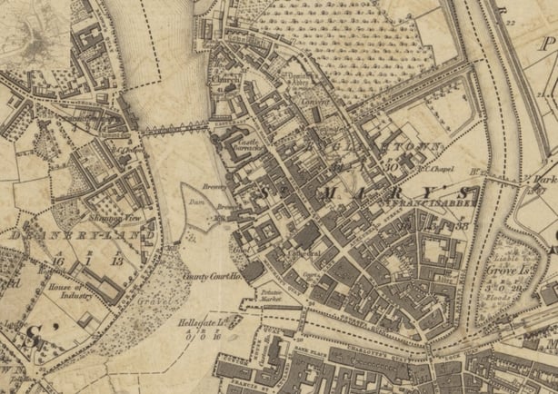 An old map showing Limerick Prison from the National Library of Scotland Ordnance Survey collection,