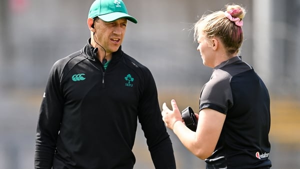 Northern Ireland , United Kingdom - 9 August 2025; Ireland head coach Scott Bemand and Dannah O'Brien before the Women's Rugby World Cup warm-up match between Ireland and Canada at Affidea Stadium in Belfast. (Photo By Ramsey Cardy/Sportsfile via Getty Im