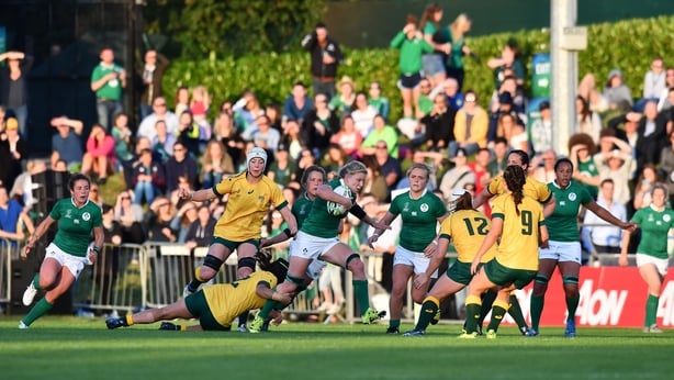 DUBLIN, IRELAND - AUGUST 09: Claire Molloy of Ireland is tackled by Cheyenne Campbell of Australia during the Womens Rugby World Cup 2017 Pool C game between Ireland and Austrailia at UCD Bowl on August 9, 2017 in Dublin, Ireland. (Photo by Charles McQuillan - World Rugby via Getty Images/World Rugb