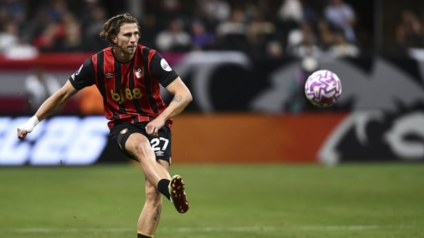 ATLANTA, GEORGIA - AUGUST 03: Illya Zabarnyi #27 of AFC Bournemouth kicks the ball during the Premier League Summer Series match between AFC Bournemouth and West Ham United FC at Mercedes-Benz Stadium on August 03, 2025 in Atlanta, Georgia. (Photo by AJ Reynolds/Getty Images)