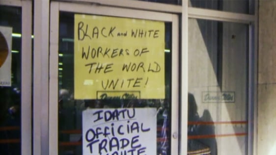 Signs on the window of Dunnes Stores, Henry Street, Dublin in 1985