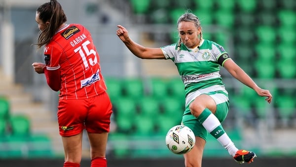 12 October 2024; Stephanie Zambra of Shamrock Rovers in action against Jessica Gargan of Shelbourne during the SSE Airtricity Women's Premier Division match between Shamrock Rovers and Shelbourne at Tallaght Stadium in Dublin. Photo by Thomas Flinkow/Spor