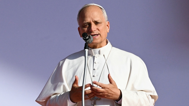 Pope Leo XIV delivers a speech as he arrives before leading a mass in the Tor Vergata district of Rome, as part of Jubilee of Youth, on 3 August, 2025