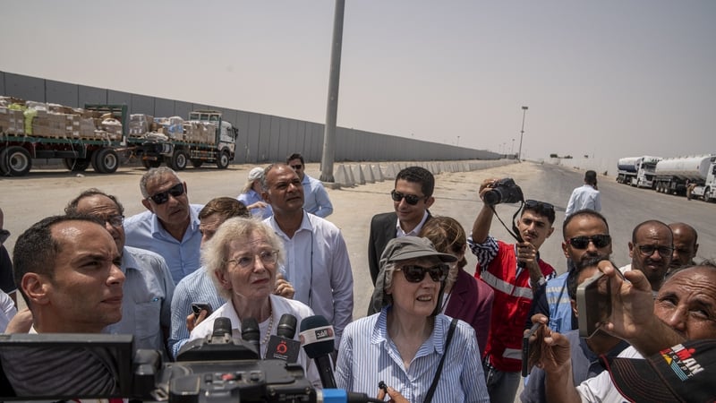 Mary Robinson and Helen Clark (C) at the Rafah border crossing today